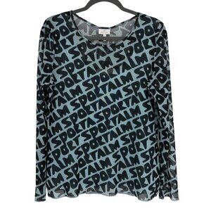 NWT Sportalm Blue Black Mesh Repeating Logo Long  Sleeve Sheer top size 10